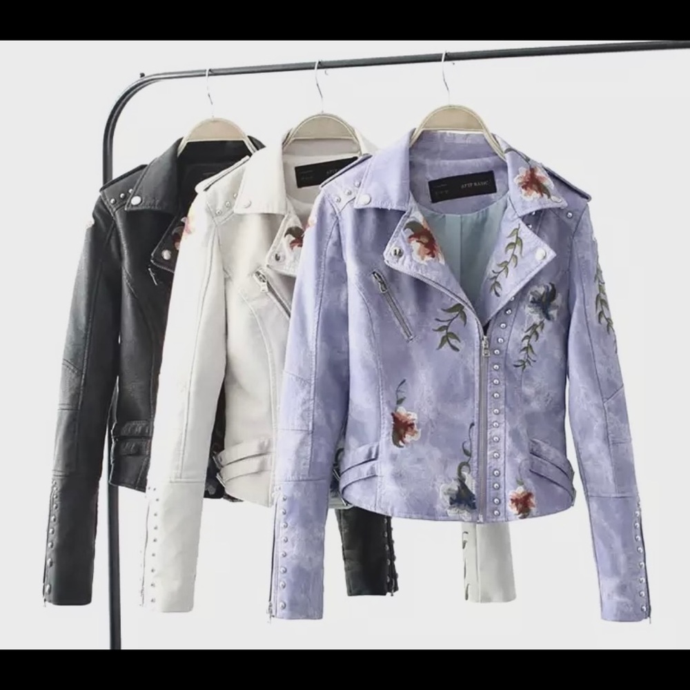 NEW Flower Print Leather Jacket Light Purple